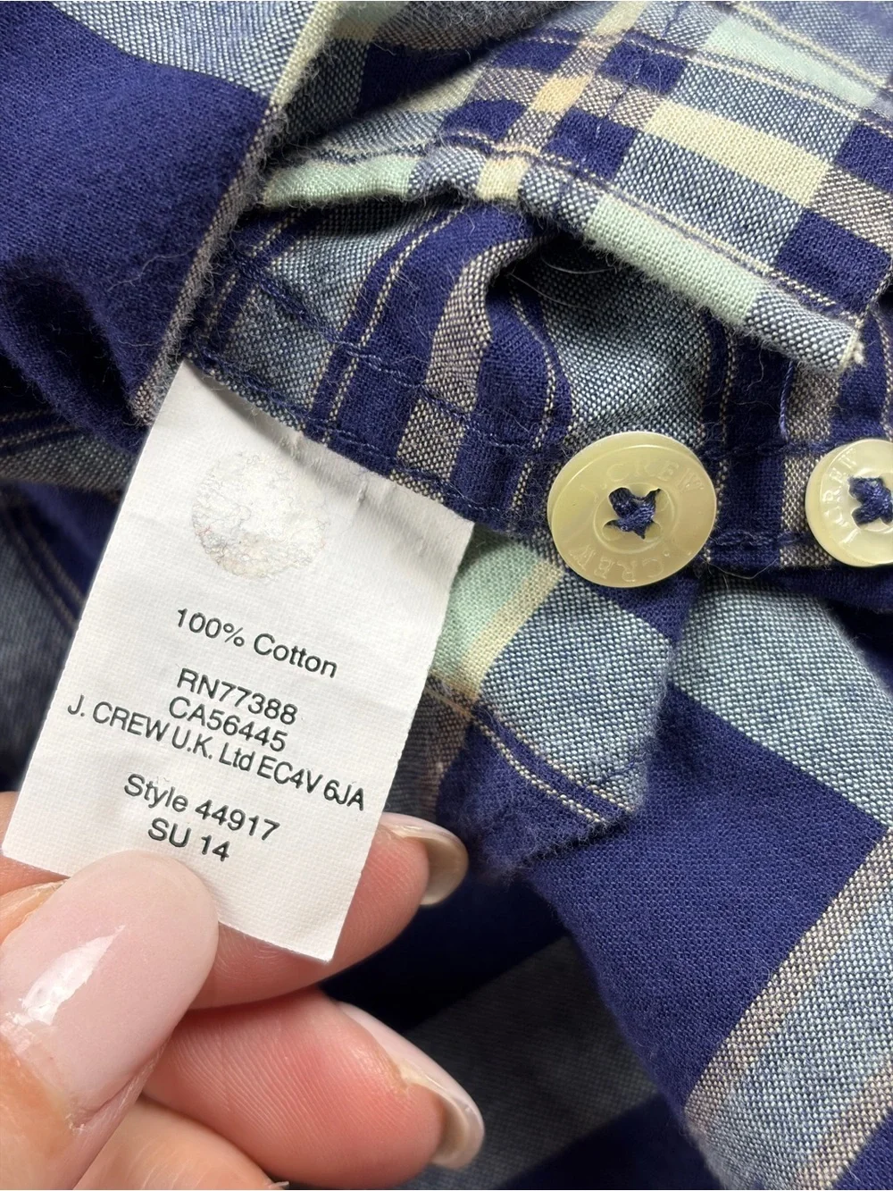 J. Crew Summer Plaid Shirt Navy and Light Green Plaid Button-Down‎ 100% cotton